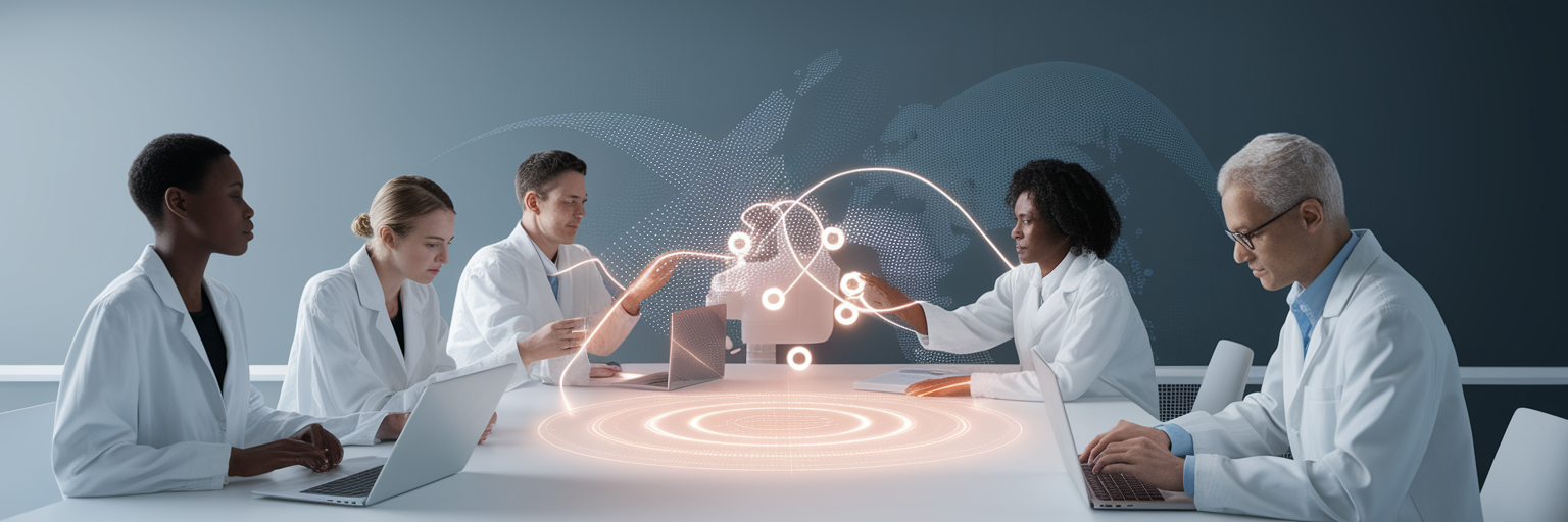 Researchers collaborating with advanced AI elements