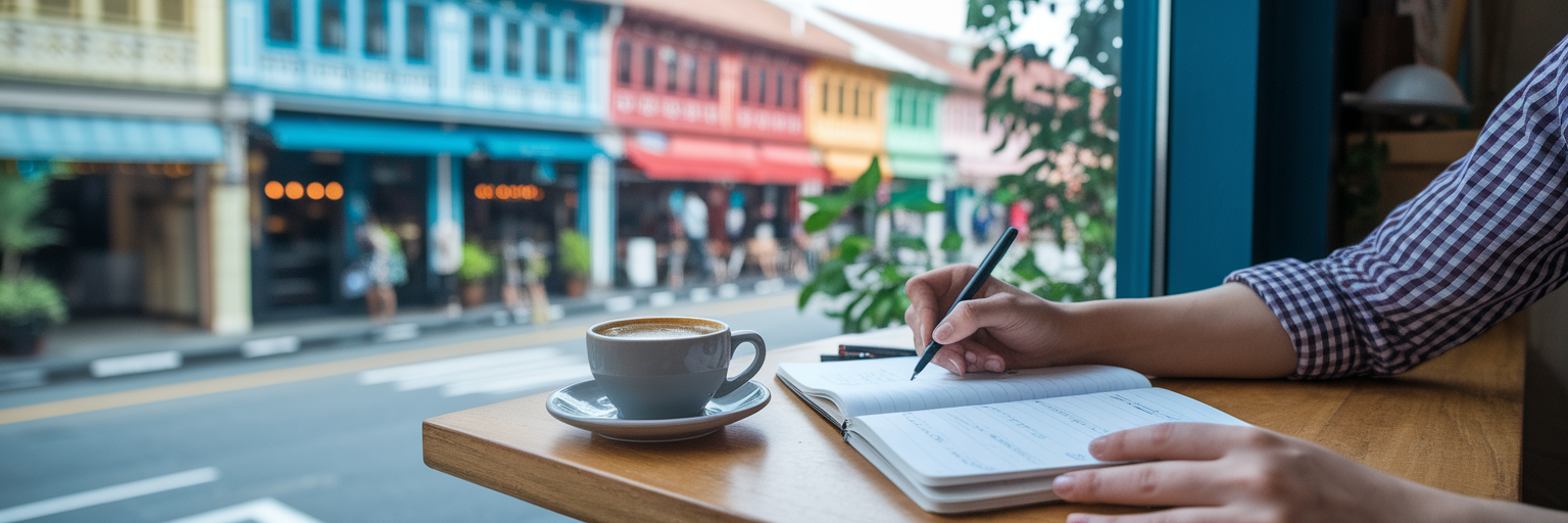 Retail owner planning content in cafe.
