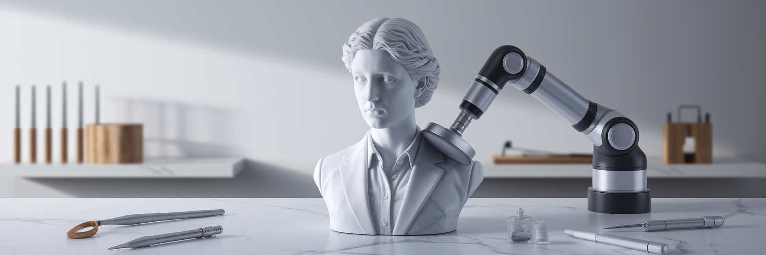 Robotic arm crafting a professional marble bust.