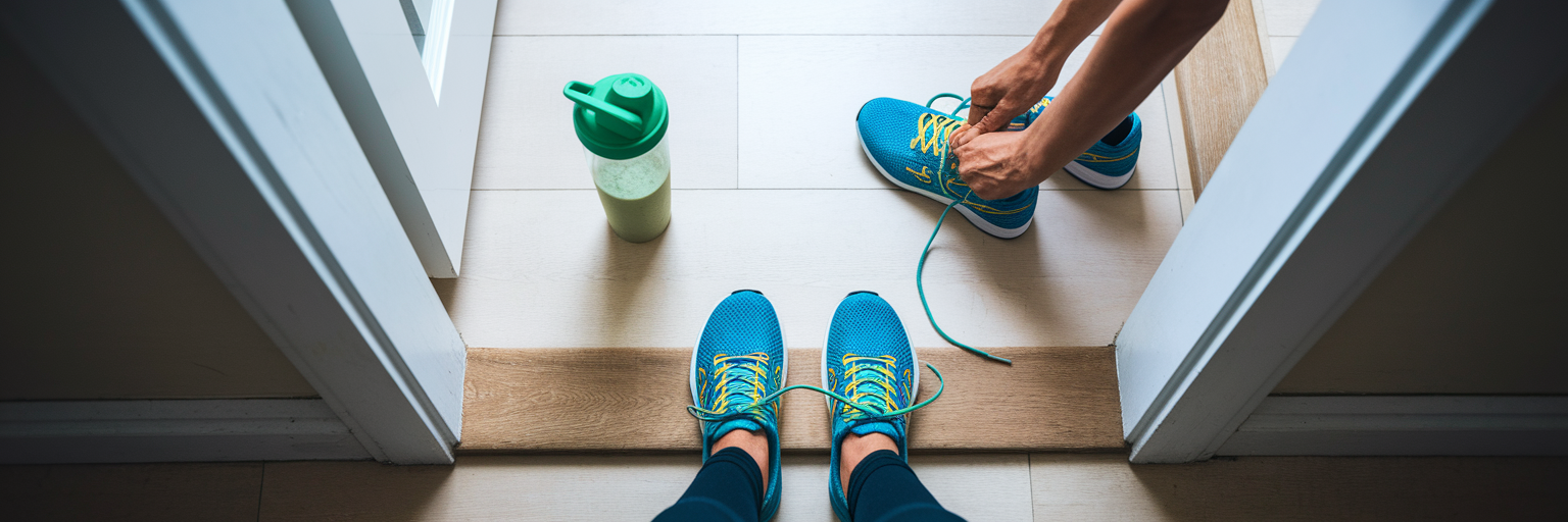 Runner tying shoes next to protein shake.
