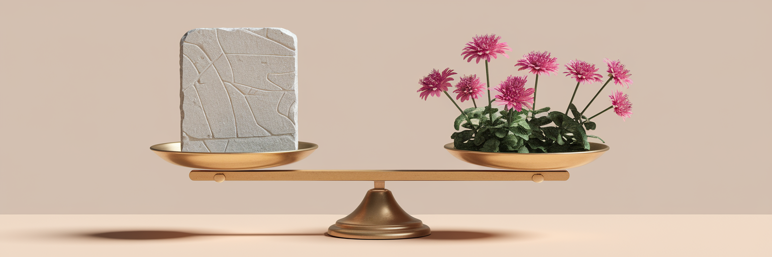 Scale balancing a stone tablet and vibrant flowers.