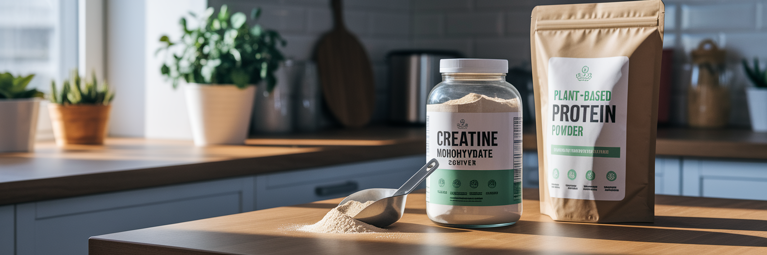 Scoop of creatine and vegan protein.