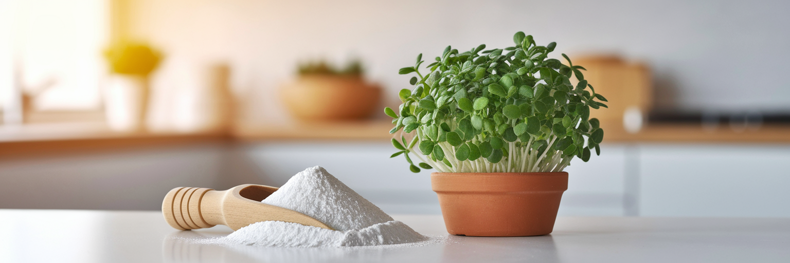 Scoop of creatine powder beside plant.