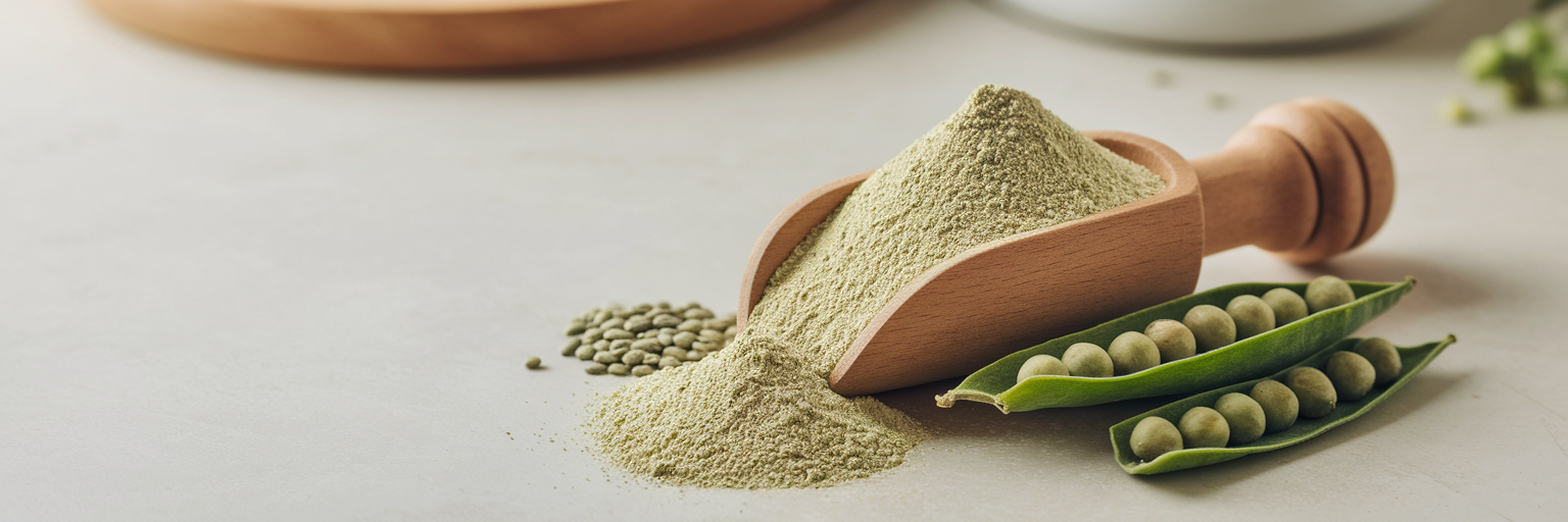 Cucharada de proteína vegana en polvo con guisantes.