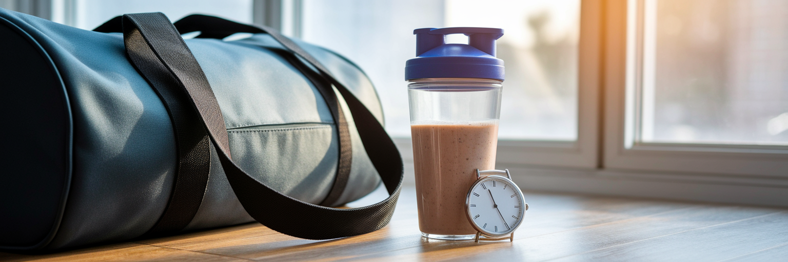 Shaker bottle and watch symbolizing workout timing.