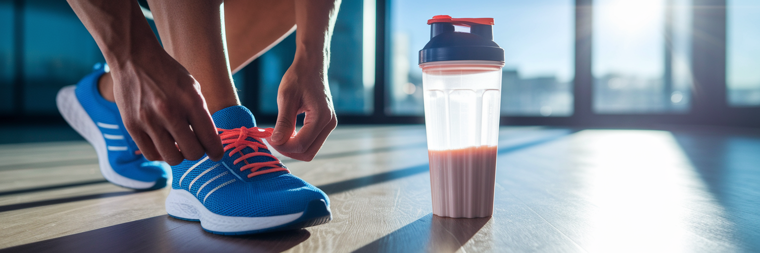Shaker bottle next to running shoes.