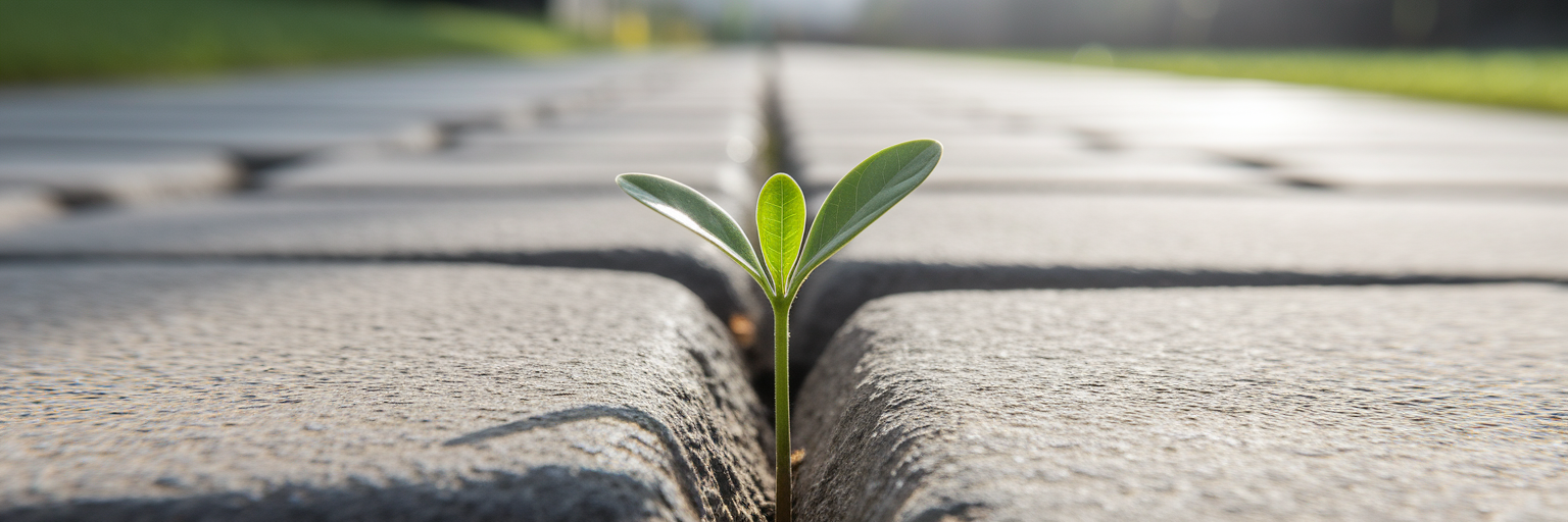 Small plant growing through stone pathway.