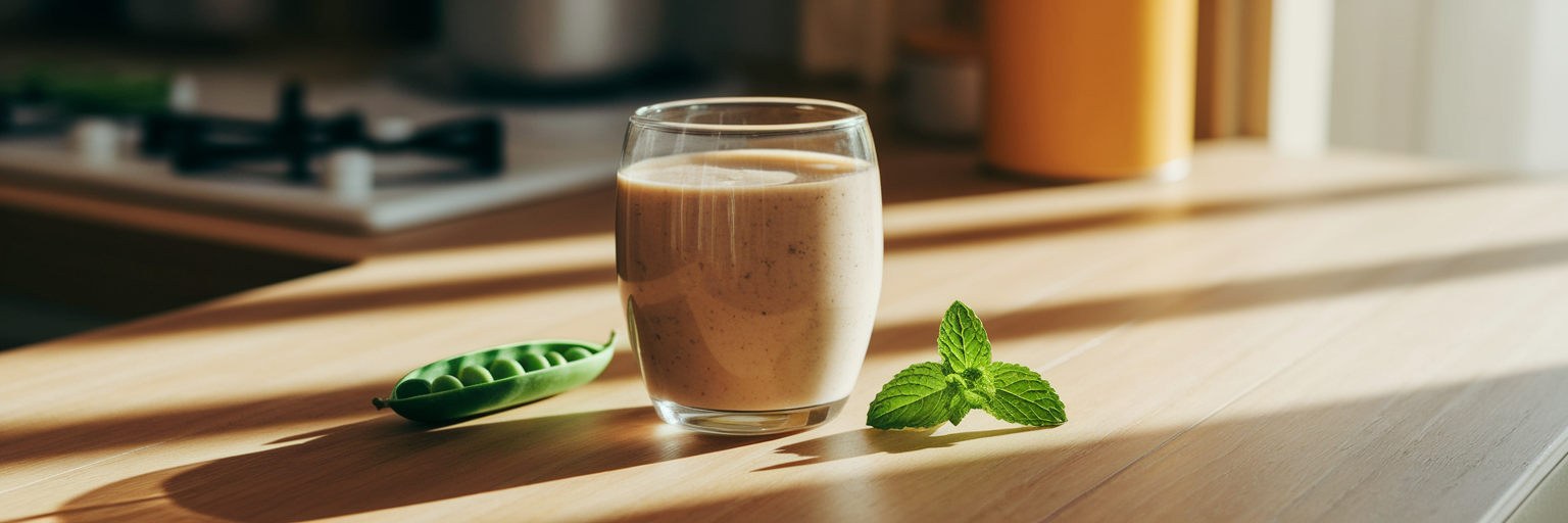 Smooth vegan protein shake in kitchen.