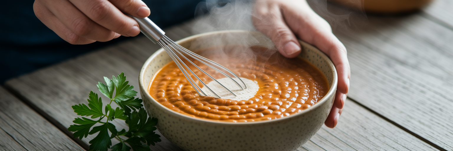 Mezclando proteína en polvo con una sabrosa sopa de lentejas.