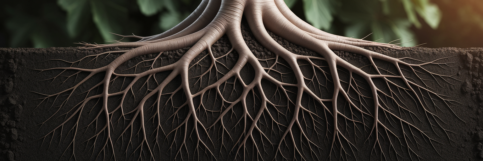 Strong plant roots weaving together symbolizing repair.