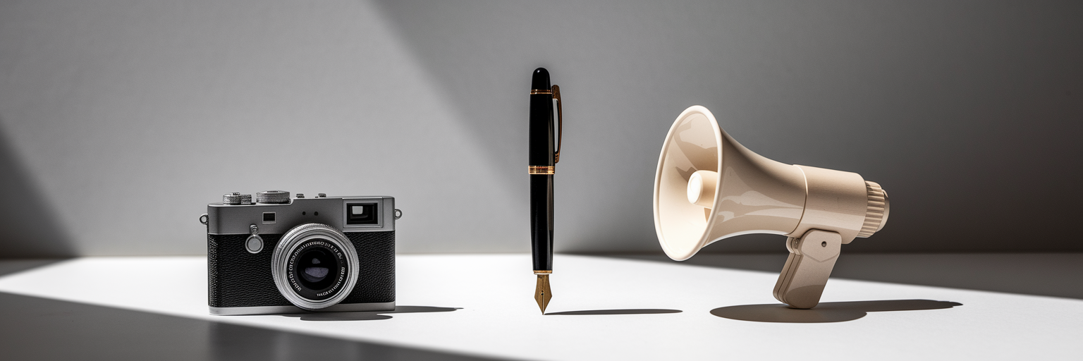 Stylized camera pen and megaphone