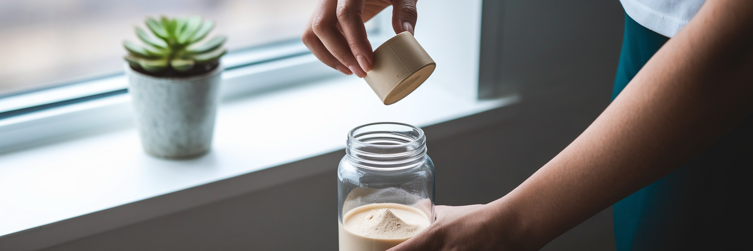 Envases y vasos mezcladores sostenibles para proteína en polvo.