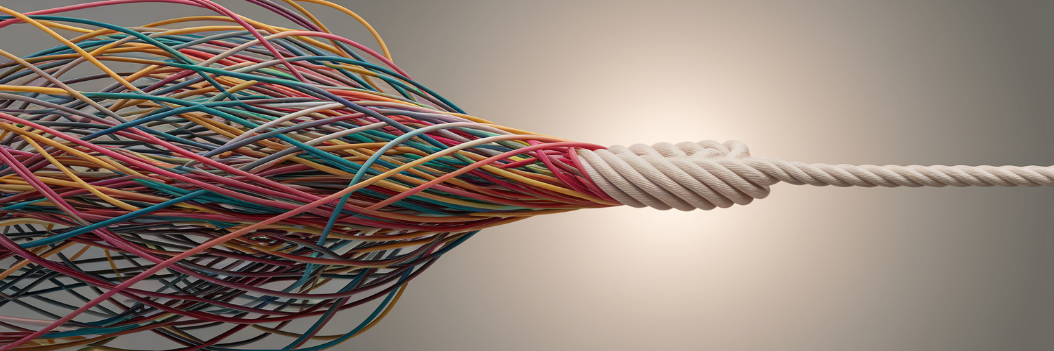 Tangled threads becoming a single woven cord.