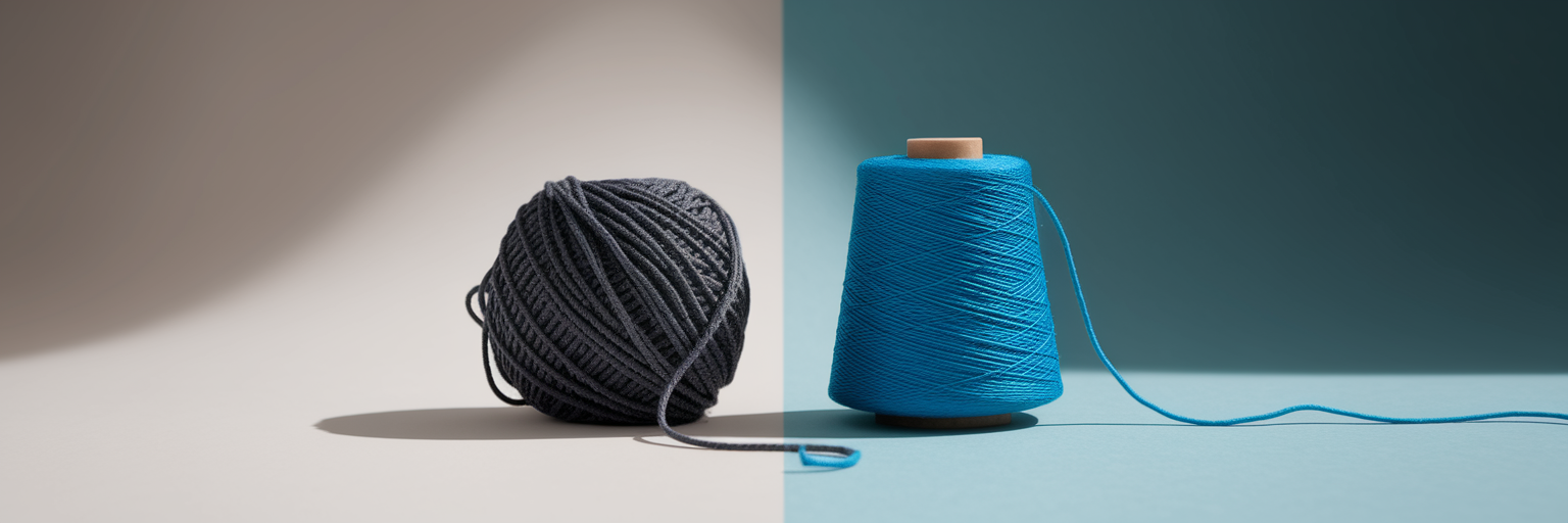 Tangled yarn versus neatly wound thread.