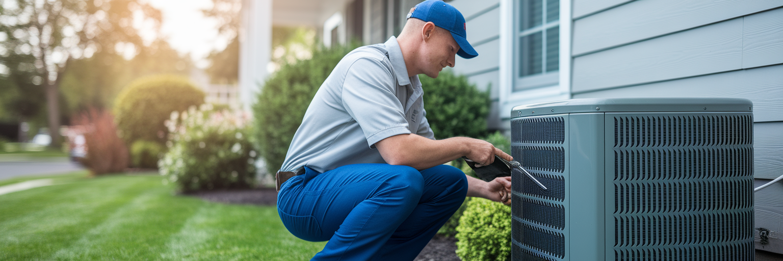 Technician inspecting an outdoor AC unit