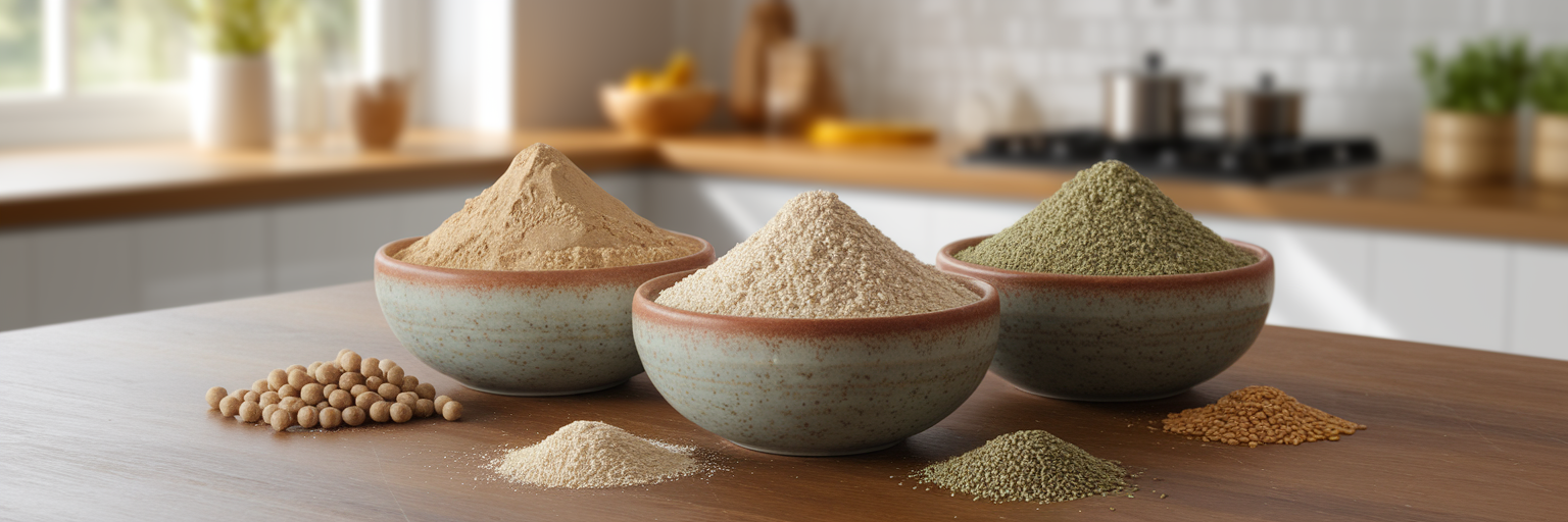 Tres boles de proteína vegana en polvo.