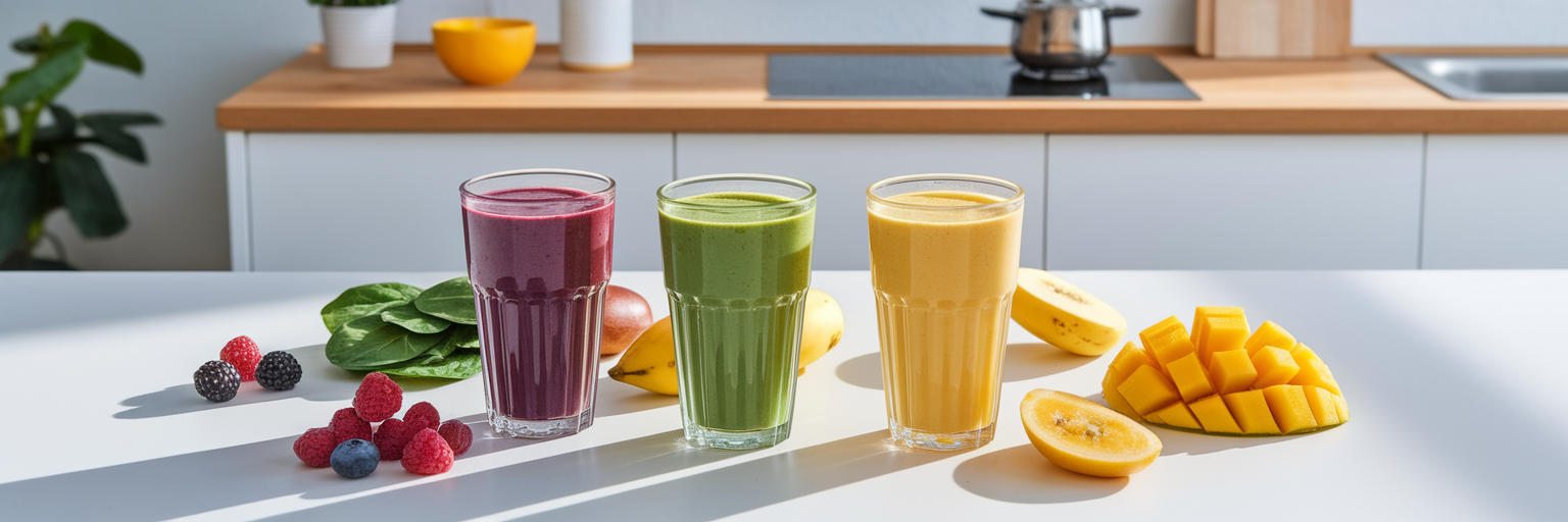 Three colourful vegan protein smoothies with ingredients.