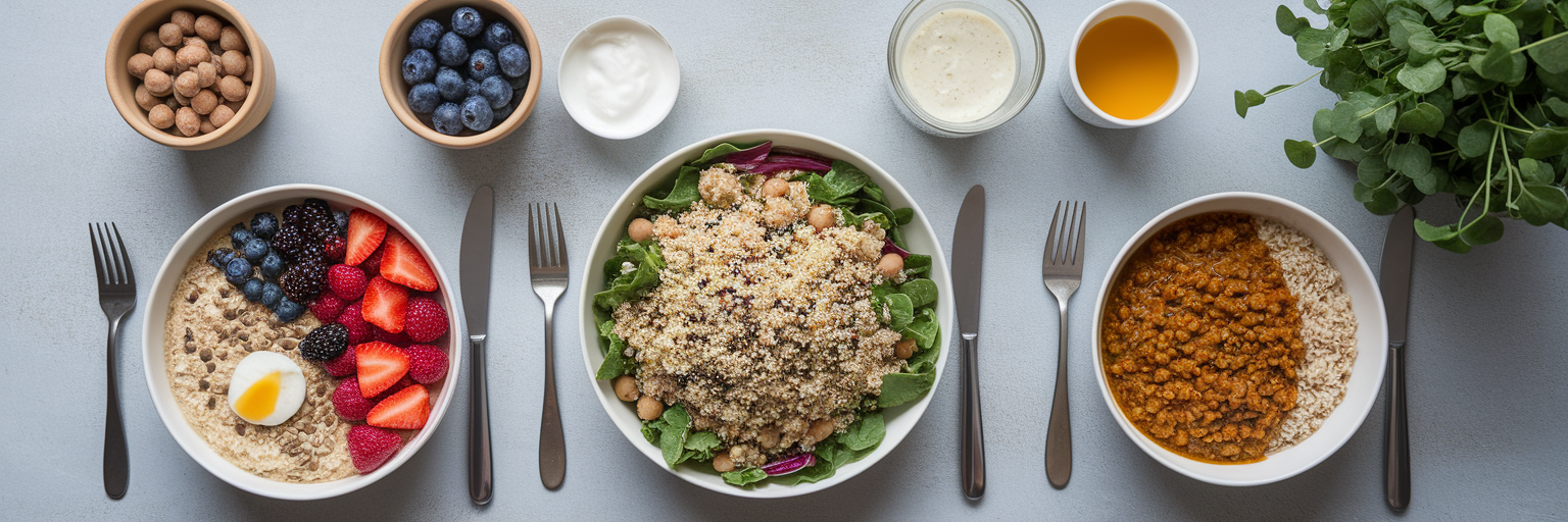 Three healthy plant-based meals arranged together.