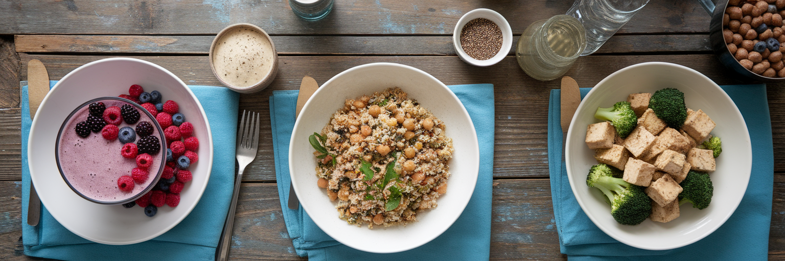 Three healthy plant-based meals displayed.
