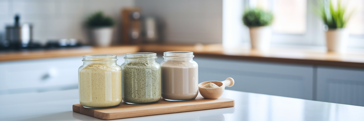Three jars of different vegan protein powders