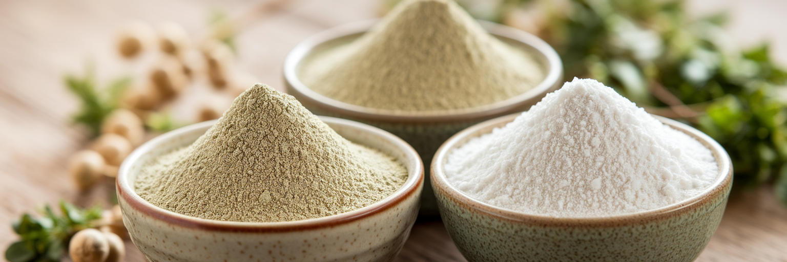 Three types of vegan protein powders.