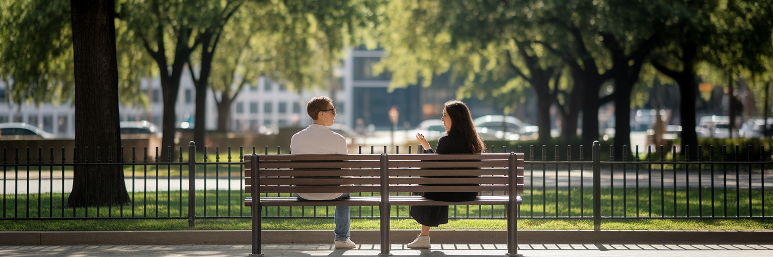 Two people having a natural conversation outdoors.