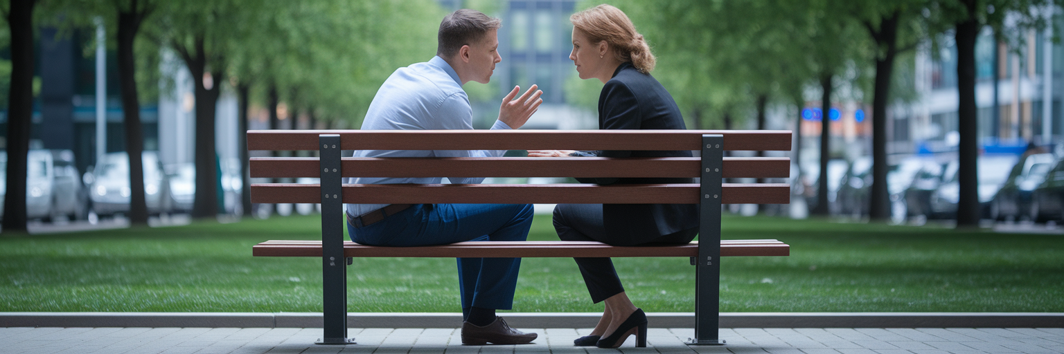 Two people in deep conversation on park bench.