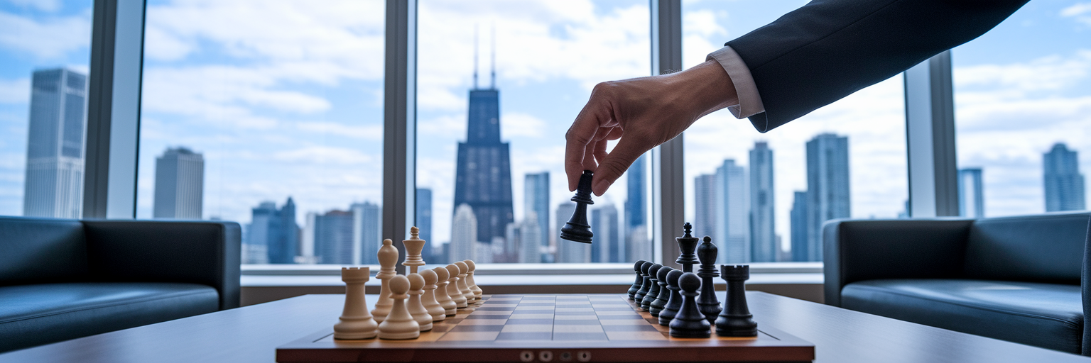 Two people playing chess strategically.