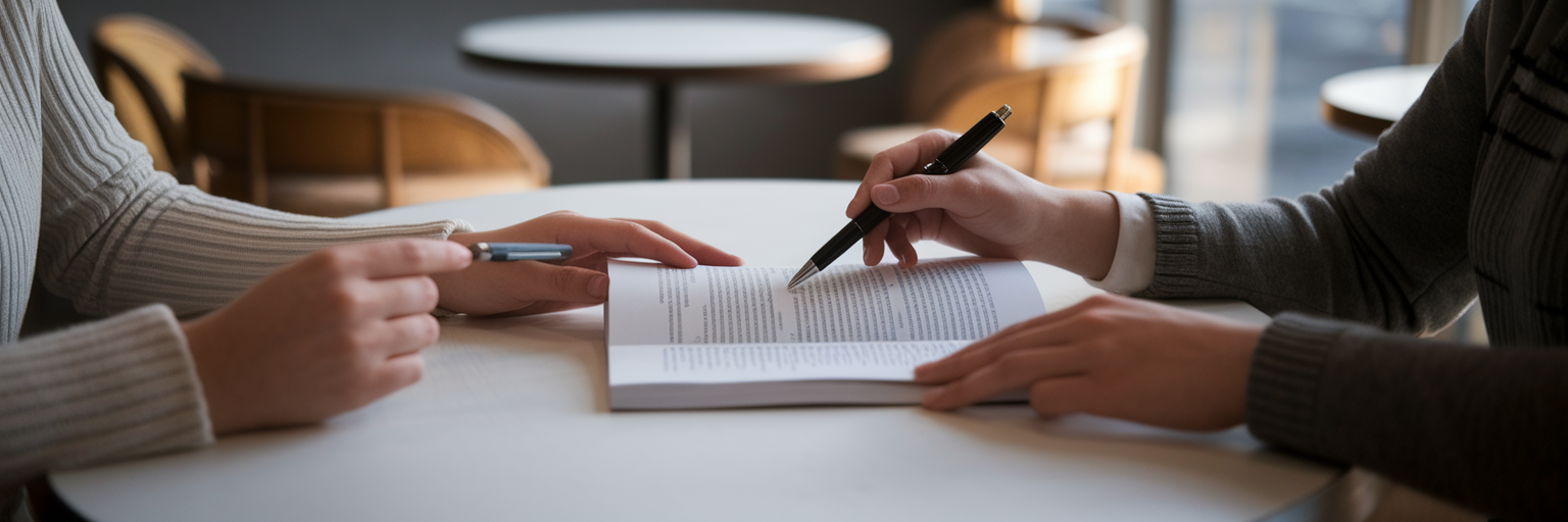 Two people reviewing a printed document.