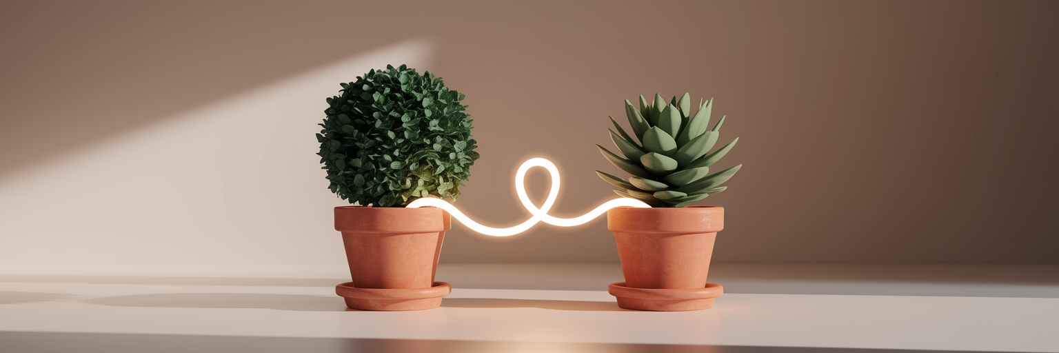 Two plants connected by glowing vine.