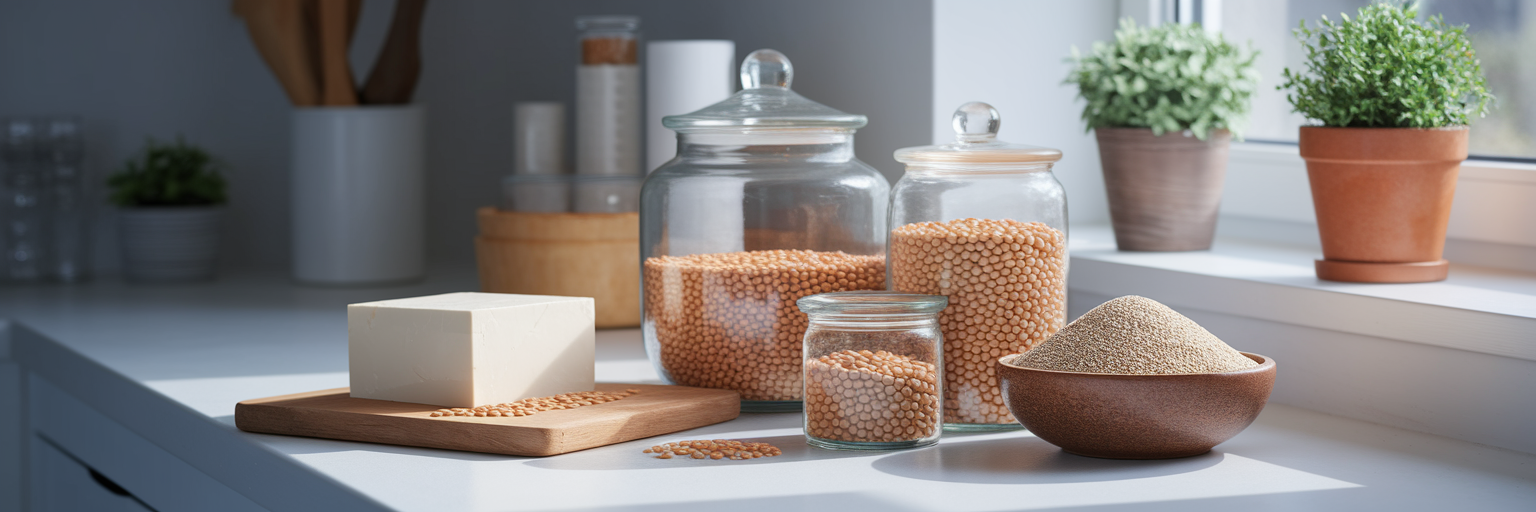 Uncooked vegan protein sources on kitchen counter.