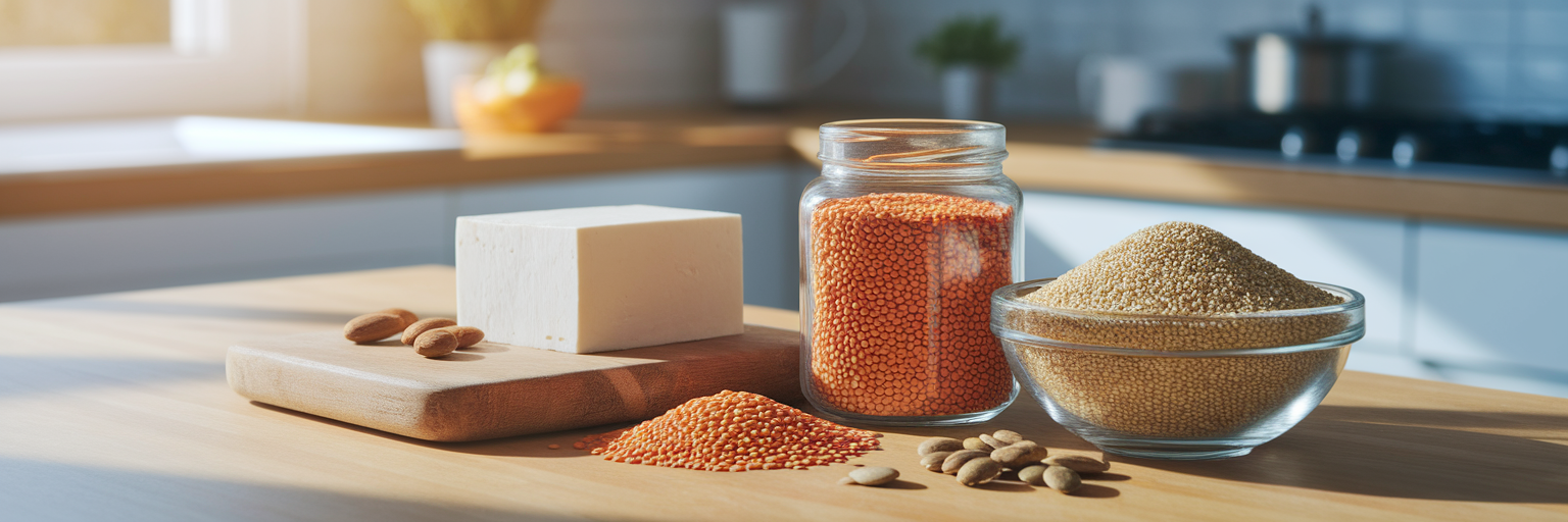 Varios alimentos veganos ricos en proteínas sobre la encimera de la cocina.