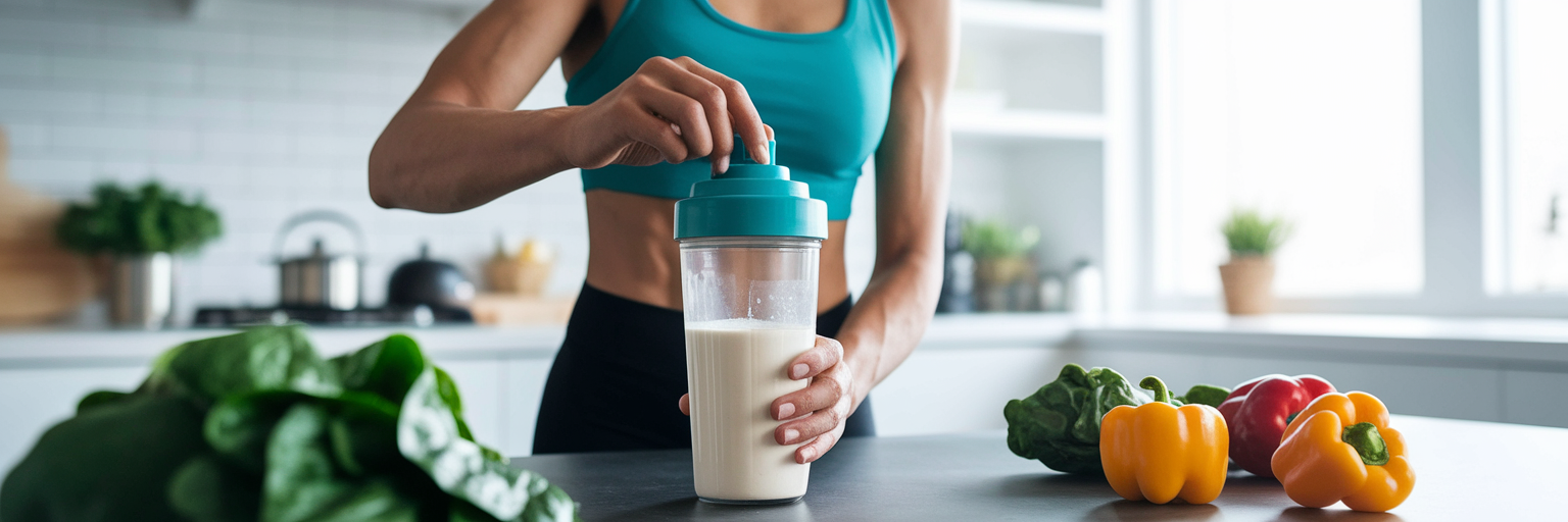 Atleta vegano preparando bebida de suplemento de creatina.