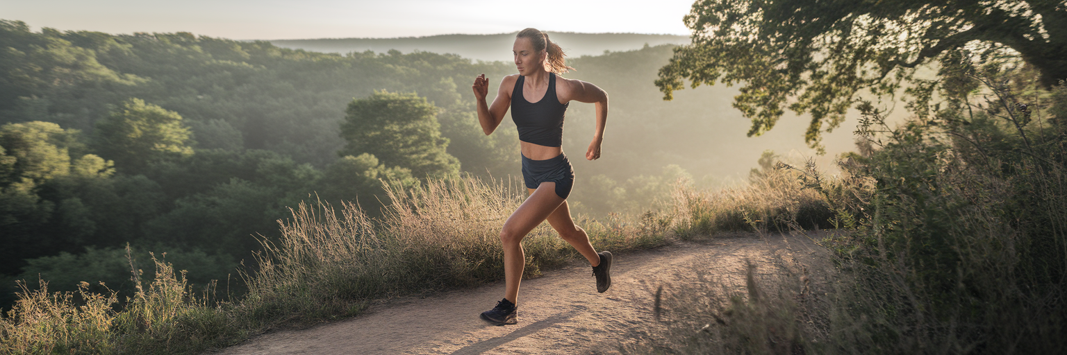 Vegan athlete running powerfully on trail.