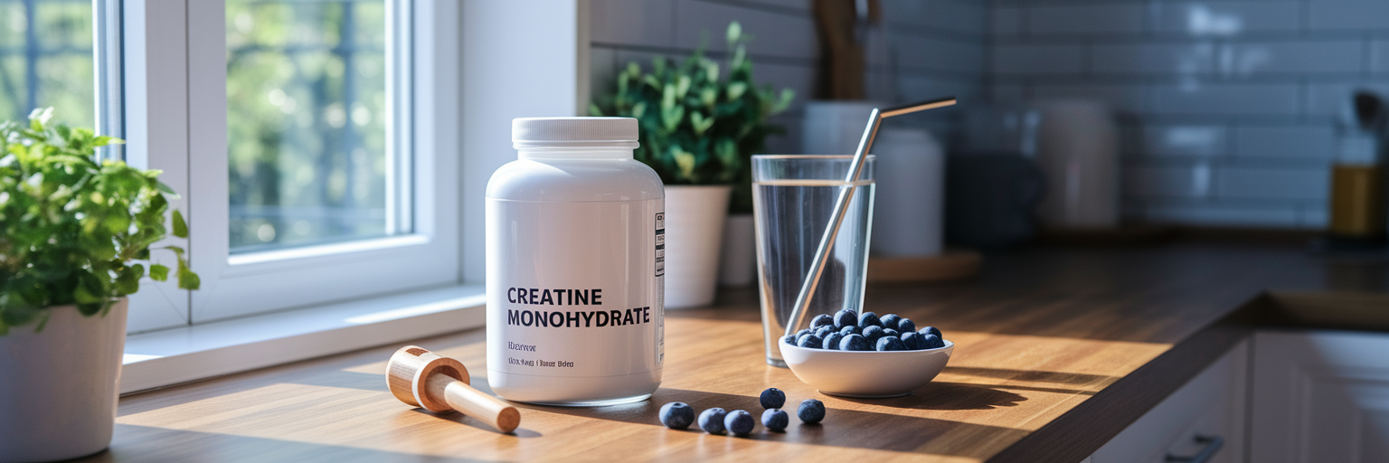 Vegan creatine powder on kitchen counter.