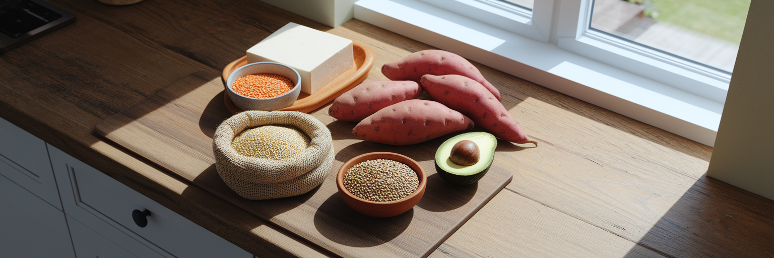 Vegan macronutrient food sources on counter