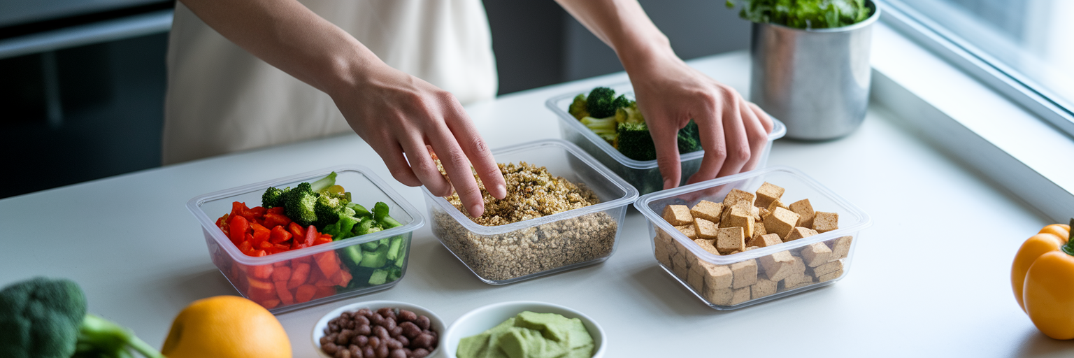 Recipientes con comida vegana preparada, organizados sobre una encimera.