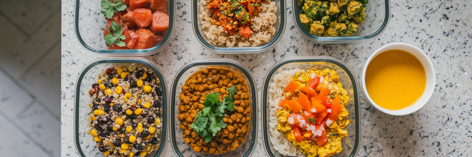 Recipientes veganos para preparar comidas con alimentos saludables