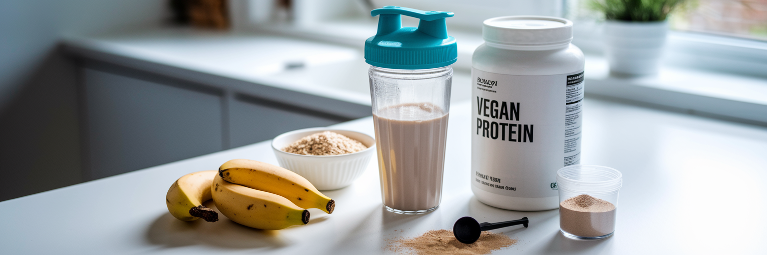 Vegan post-workout shake ingredients on kitchen counter.