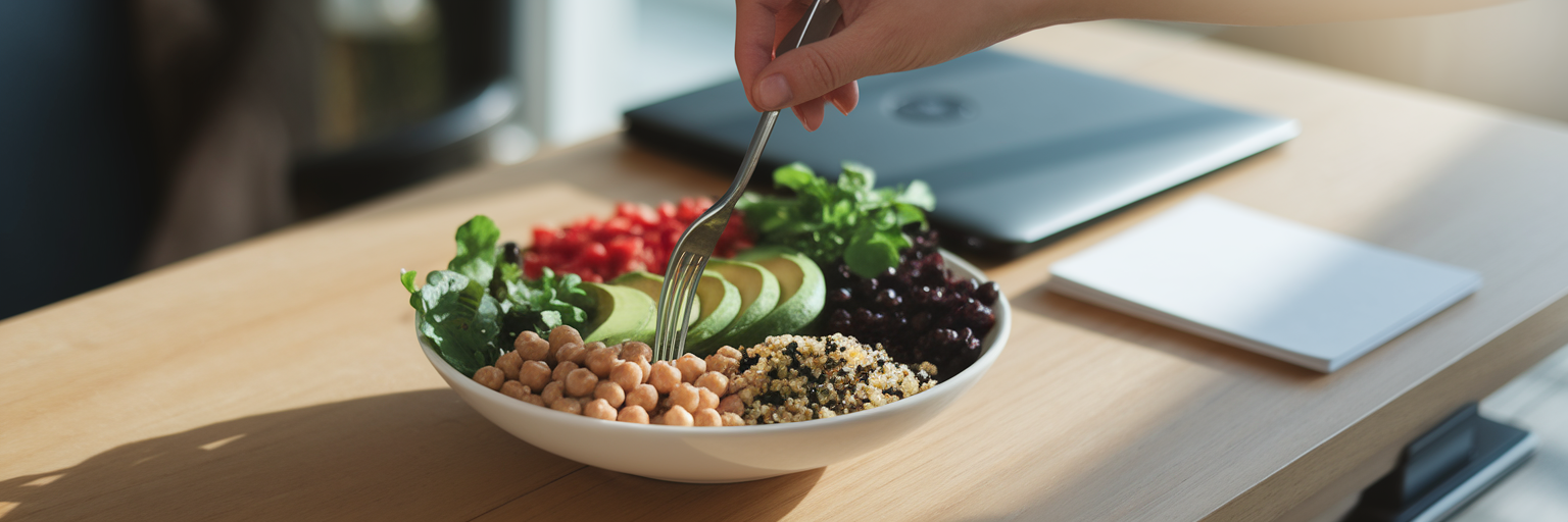 Tazón de proteína vegana para obtener energía en el trabajo.