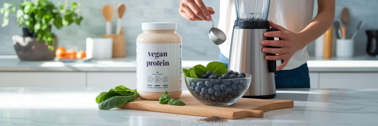 Vegan protein powder and healthy ingredients.