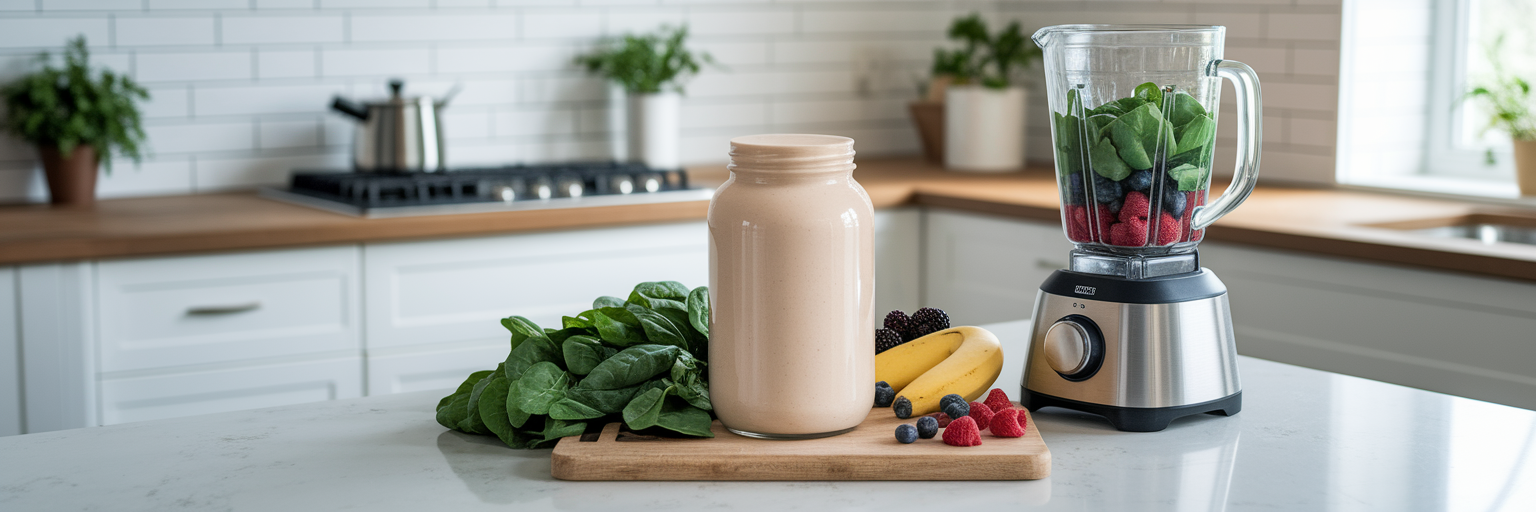 Proteína vegana en polvo con ingredientes frescos para batidos.