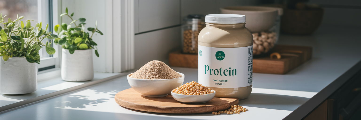 Vegan protein powder with pea ingredients.