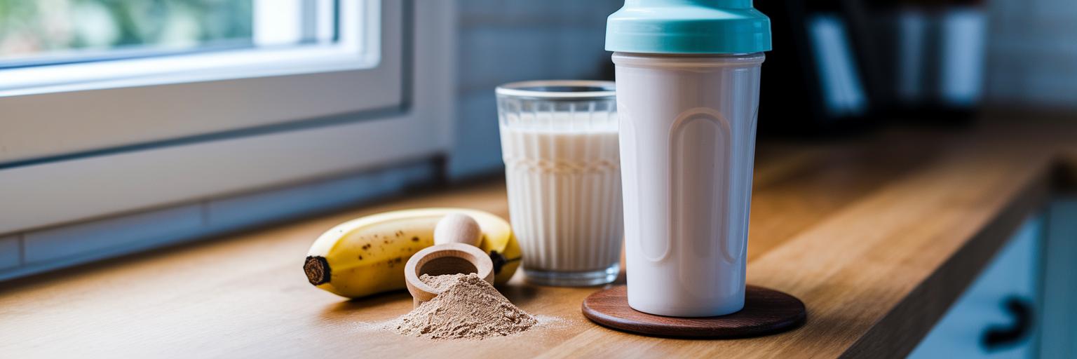 Ingredientes para batido de proteínas vegano sobre una encimera.