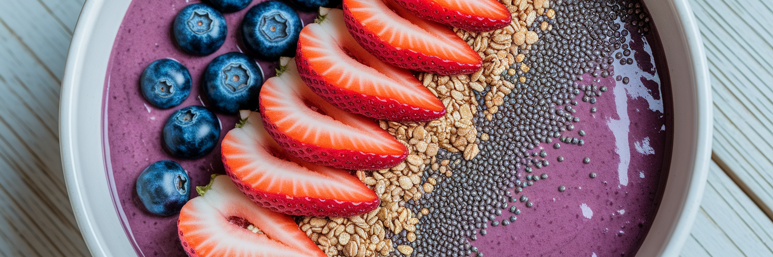 Tazón de batido vegano de proteínas con ingredientes adicionales.