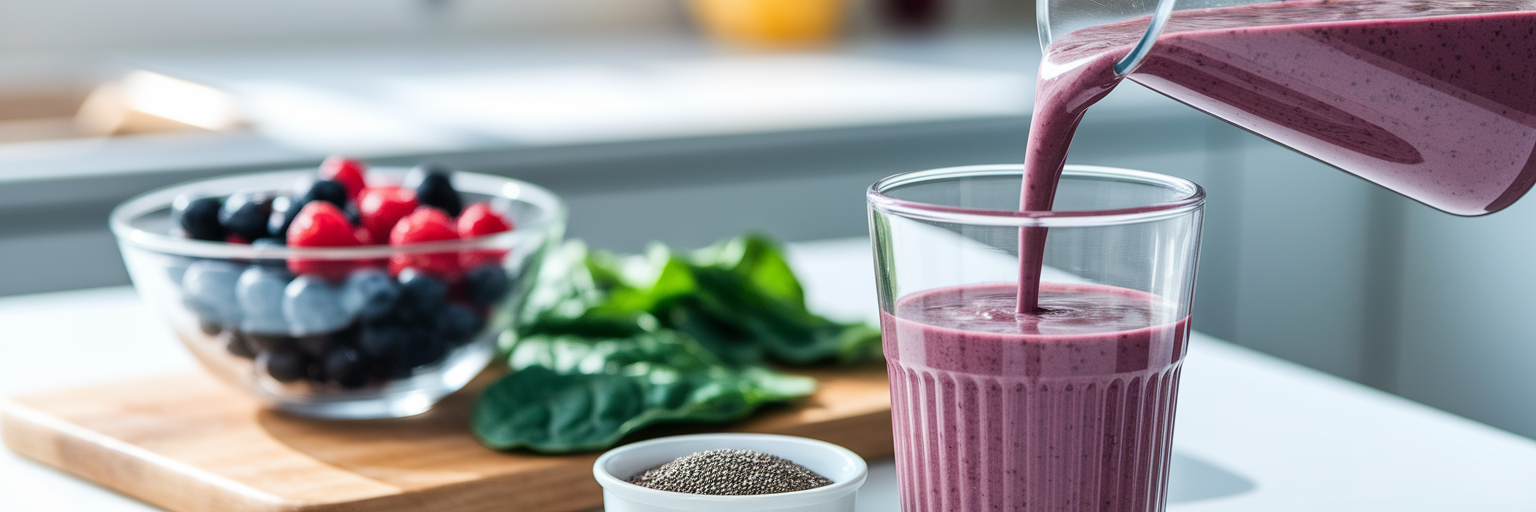 Batido de proteína vegano con frutos rojos y espinacas.