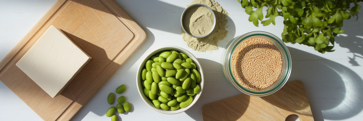 Fuentes de proteína vegana en la encimera de la cocina.