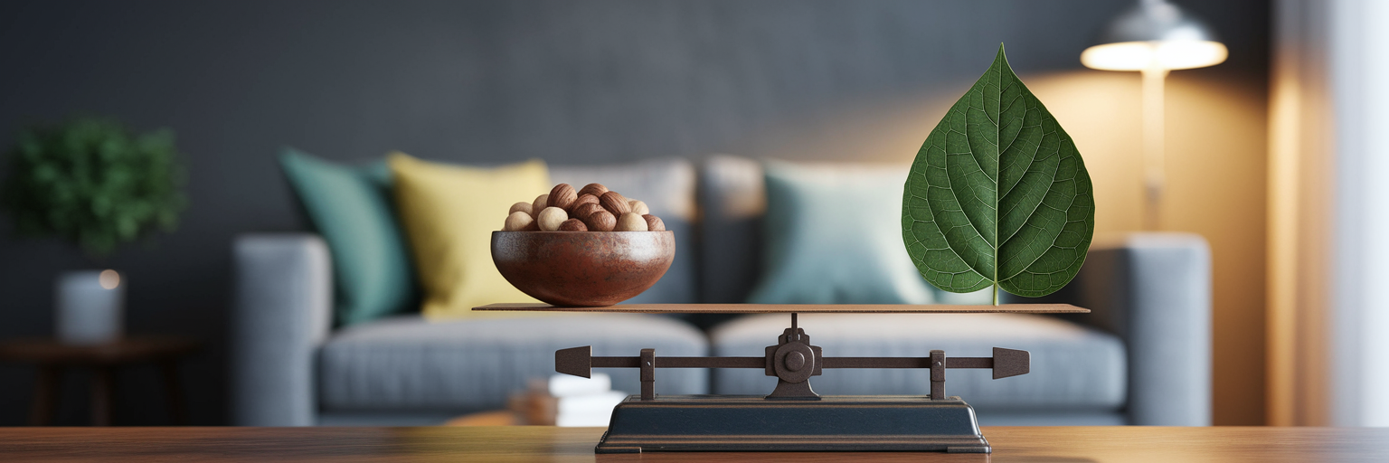 Vintage scales balancing nuts and a leaf.