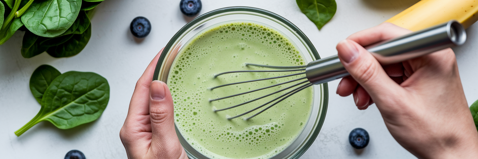 Whisking a smooth green protein smoothie.