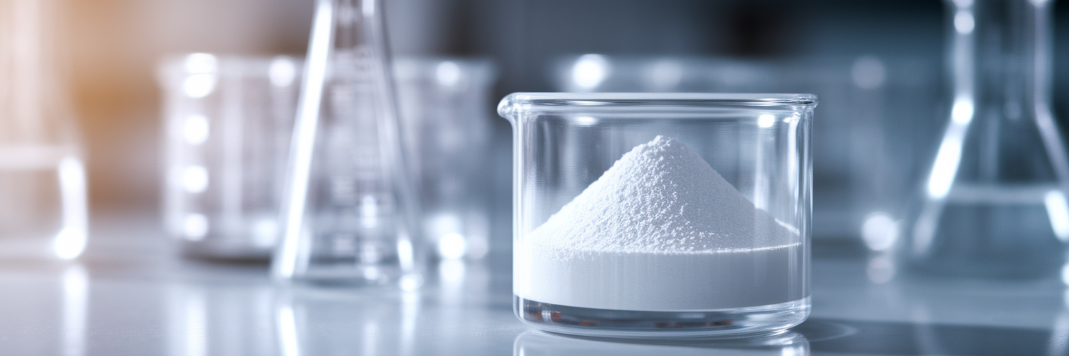 White creatine powder in laboratory beaker.